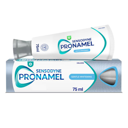 Sensodyne Pronamel Enamel Care toothpaste for gentle whitening, 75ml, shown in a tube with mint flavor and enamel protection features.