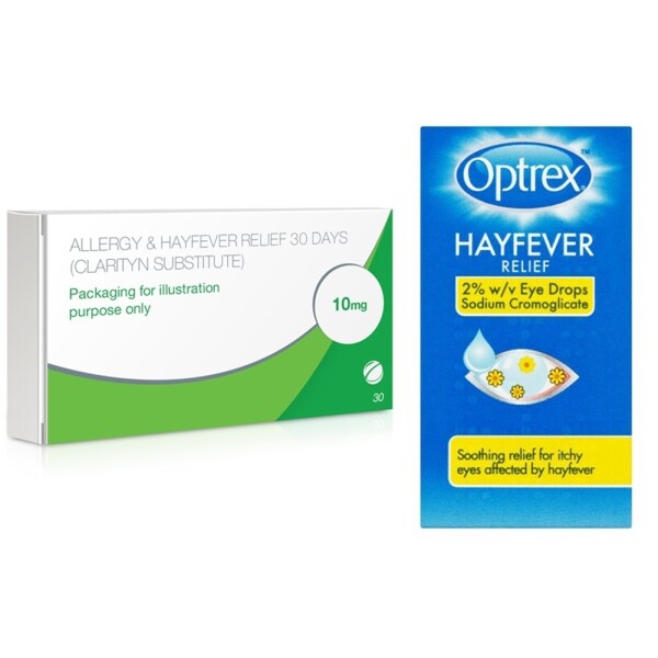 Allergy & Hayfever Relief Loratadine and Optrex Allergy Eye Drops Bundle