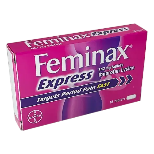 Feminax Express 342mg pain relief tablets in a blister pack, manufactured by Cured Pharmacy, designed for menstrual pain relief.
