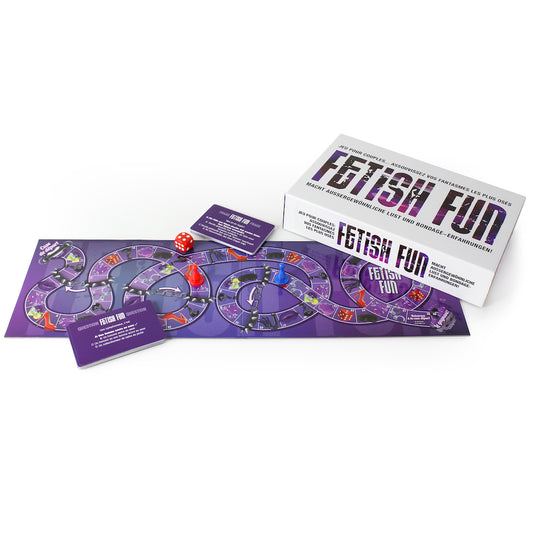 Fetish Fun Game by Creative Conceptions LTD featuring French and German language options, shown with game cards and accessories.
