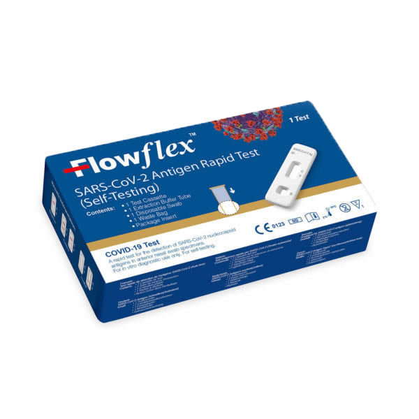 FlowFlex lateral flow test kit for rapid COVID-19 testing, featuring multiple test strips in a compact, user-friendly design.