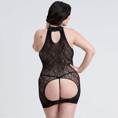 Fifty Shades of Grey Captivate Spanking Mini Dress Plus, black satin with lace details, shown on a model.