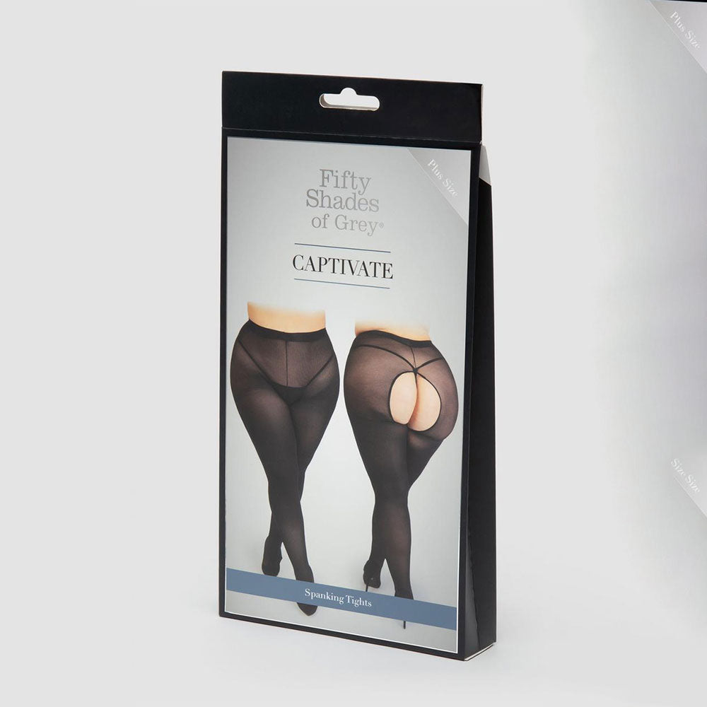 Fifty Shades of Grey Captivate Spanking Tights with curve-enhancing design, black sheer tights with subtle detailing.