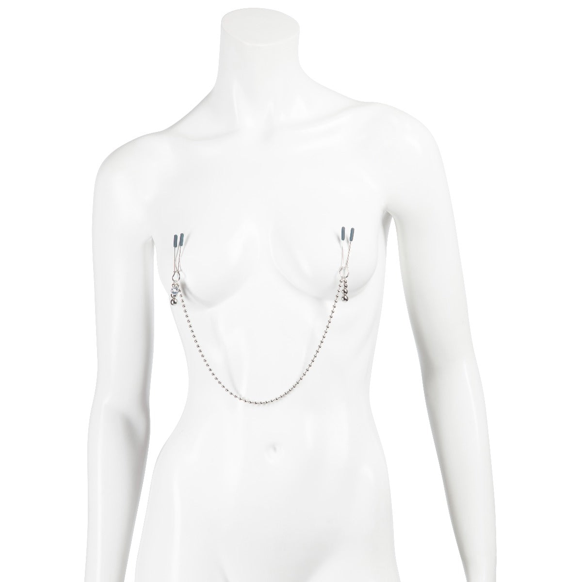 Fifty Shades of Grey Fifty Shades Darker at My Mercy beaded chain nipple clamps on model for BDSM restraint and stimulation.