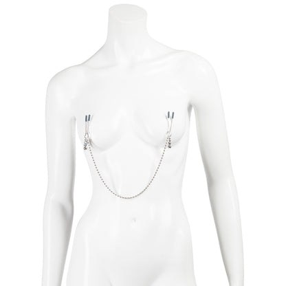 Fifty Shades of Grey Fifty Shades Darker at My Mercy beaded chain nipple clamps on model for BDSM restraint and stimulation.