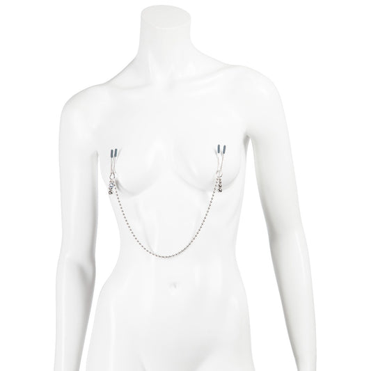 Fifty Shades of Grey Fifty Shades Darker at My Mercy beaded chain nipple clamps on model for BDSM restraint and stimulation.