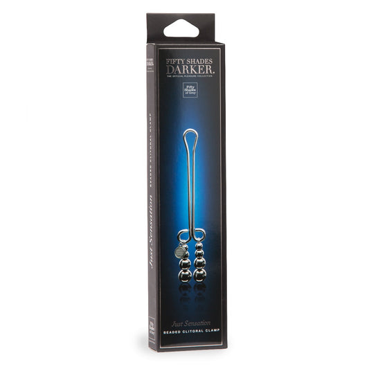 Fifty Shades of Grey Just Sensation beaded clitoral clamp with textured beads for added stimulation, shown in the product image.