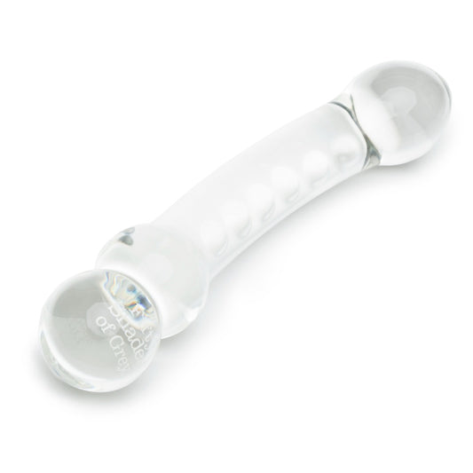 Fifty Shades of Grey Drive Me Crazy glass massage wand with curved shape and smooth surface, designed for sensual massage.