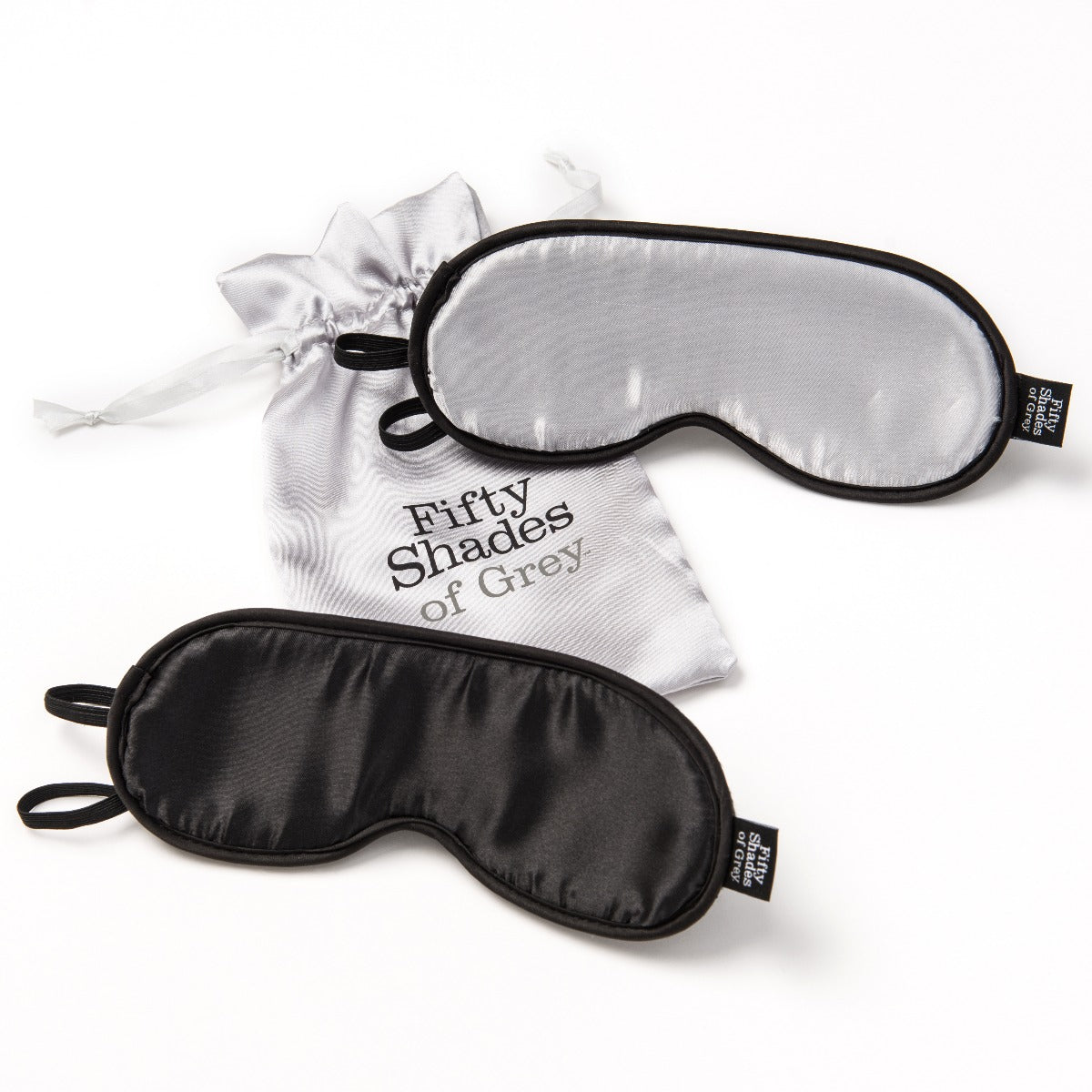 Fifty Shades of Grey No Peeking Soft Twin Blindfold Set showing black satin blindfolds with elastic straps for sensory play.
