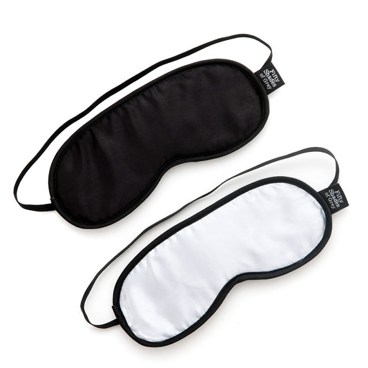 Fifty Shades of Grey No Peeking soft twin blindfold set with smooth, black fabric and adjustable straps for sensory play.