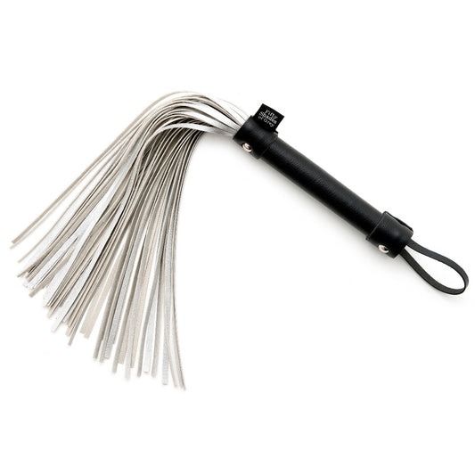 Fifty Shades of Grey Please Sir Flogger with black leather handle and multiple leather strands, designed for BDSM role-play.