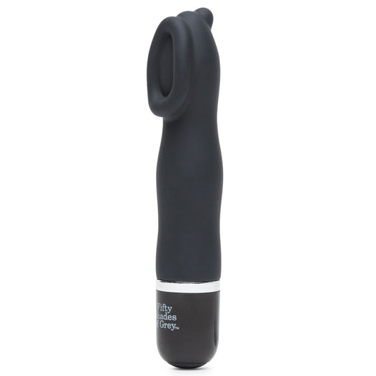 Fifty Shades of Grey Sweet Touch Mini Clitoral Vibrator shown in black with ergonomic design and textured surface for targeted stimulation.