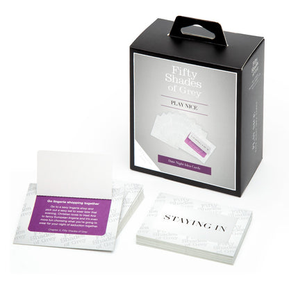 Fifty Shades of Grey Play Nice date night card game with romantic idea cards for couples' intimate fun and connection.