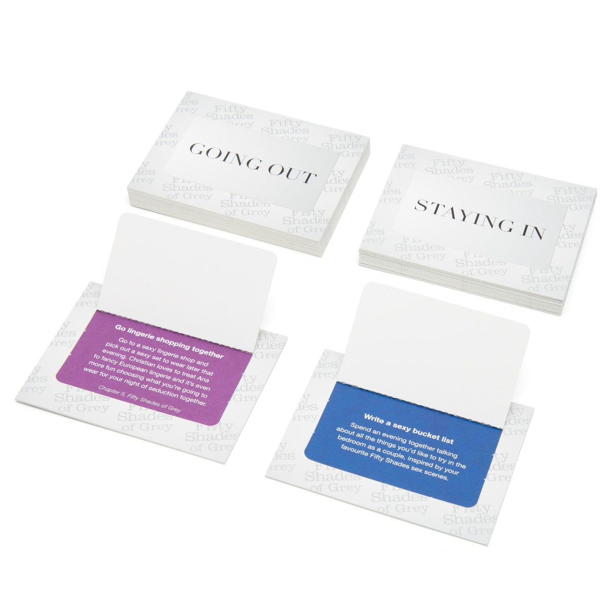 Fifty Shades of Grey Play Nice Date Night Card Game with idea cards for couples' romantic evening activities.