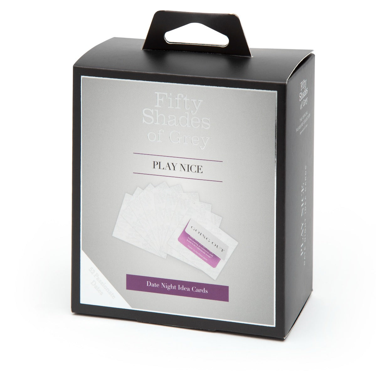 Fifty Shades of Grey Play Nice date night card game with romantic ideas and prompts on colorful cards for couples.