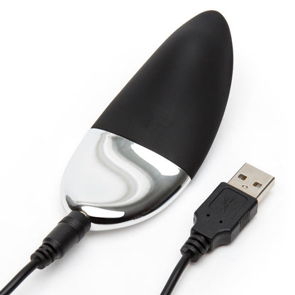 Fifty Shades of Grey Relentless Vibrations remote control panty vibe, black discreet vibrator shown in a close-up image.