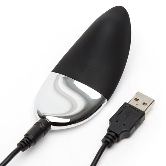 Fifty Shades of Grey Relentless Vibrations remote control panty vibe, black discreet vibrator shown in a close-up image.