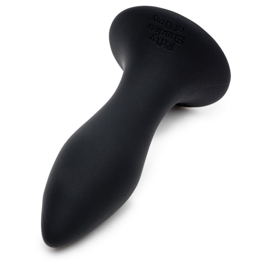 Fifty Shades of Grey Sensation rechargeable vibrating butt plug shown with smooth silicone surface and control base.