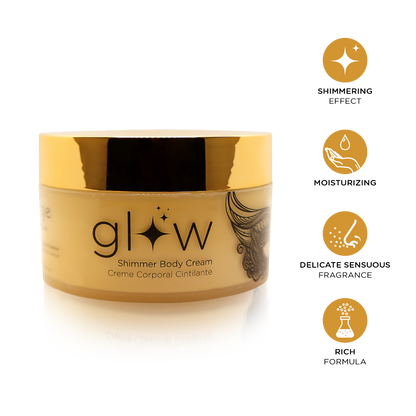 Orgie Glow Shimmer Body Cream in 250ml jar with luminous, shimmering finish and smooth, creamy texture.