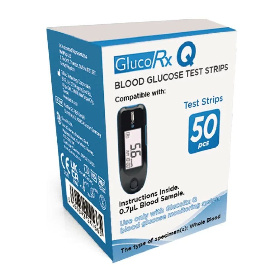 Glucorx Q Test Strips for glucose monitoring, 50-pack, with individually sealed strips for accurate blood sugar testing.