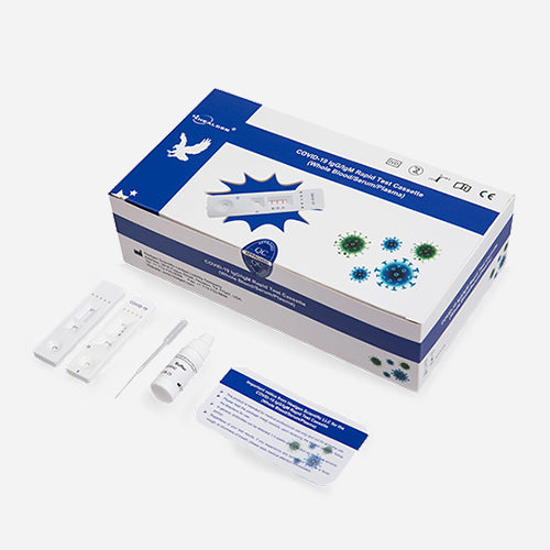 Healgen COVID-19 antibody test kit from My Store showing testing device with sample well and results window.