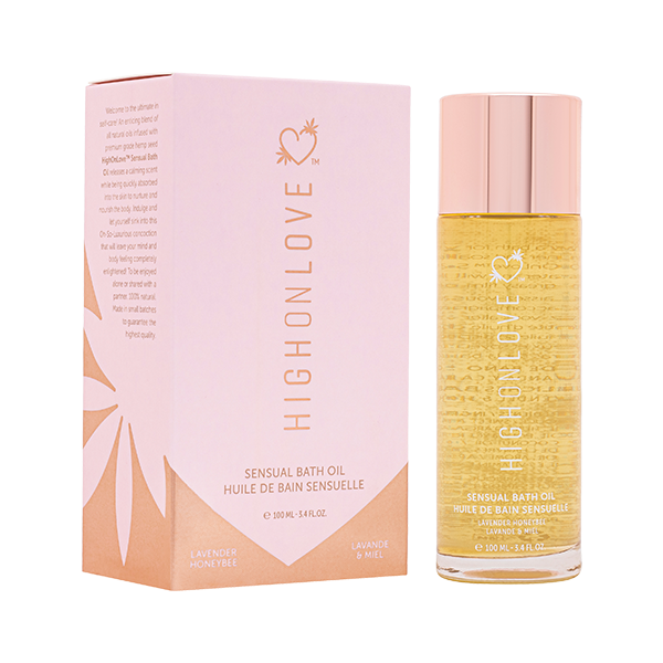 High On Love Lavender Honeybee Bath Oil bottle with lavender and honeybee illustrations, showcasing a luxurious bath product.