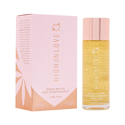 High On Love Lavender Honeybee Bath Oil bottle with lavender and honeybee illustrations, showcasing a luxurious bath product.