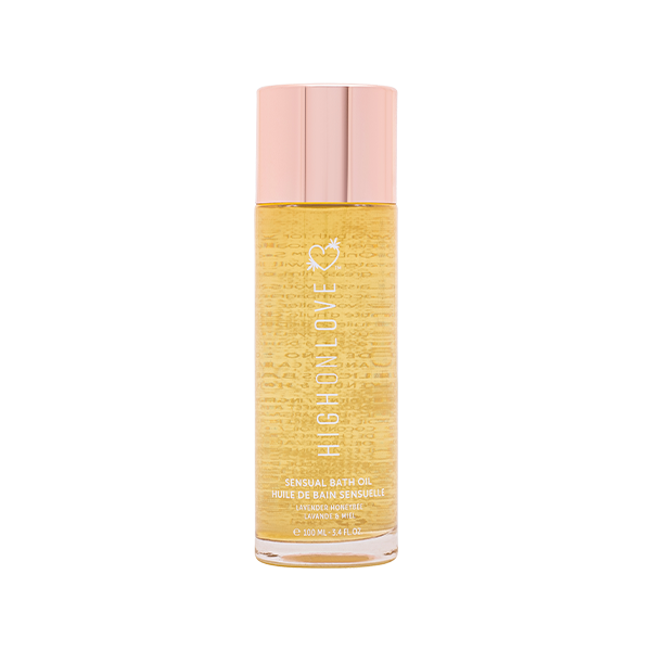High On Love Lavender Honeybee bath oil bottle with lavender and honeybee illustrations, showcasing a luxurious bath product.