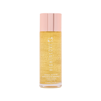 High On Love Lavender Honeybee bath oil bottle with lavender and honeybee illustrations, showcasing a luxurious bath product.