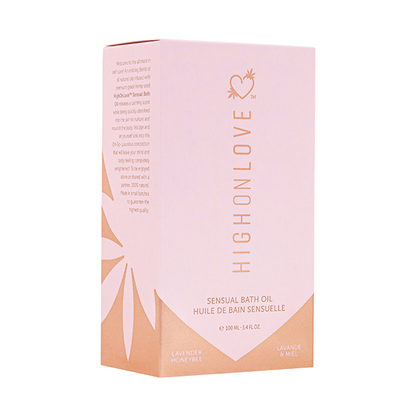 Lavender Honeybee bath oil by High On Love in a clear bottle with lavender flowers and honeybee illustration.