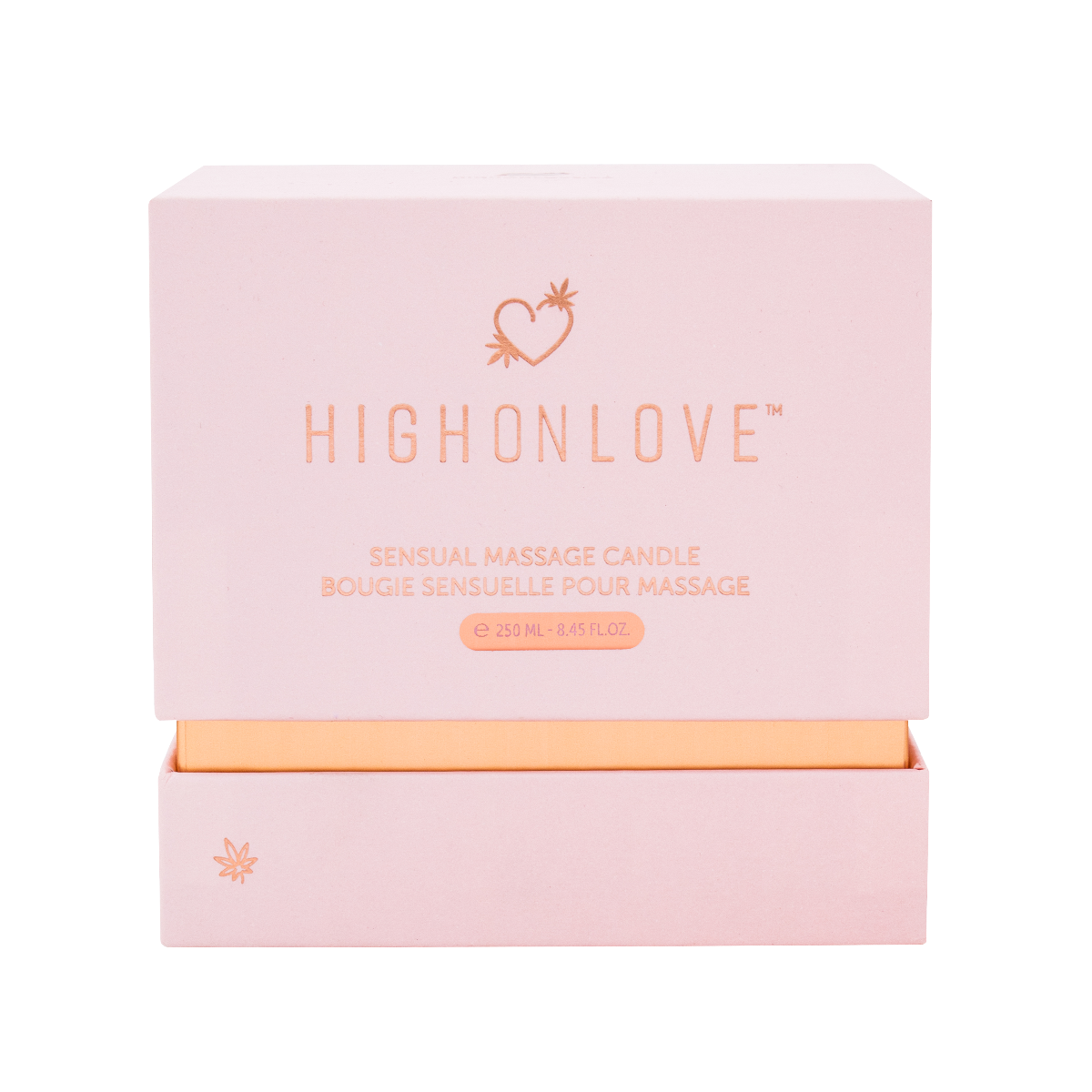 High On Love massage candle in a decorative box, with a sleek black and gold design, ideal for relaxation and sensual massage.