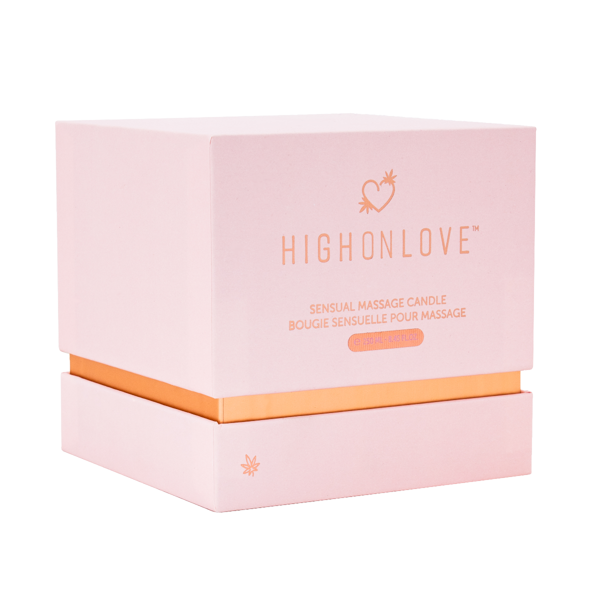 High On Love massage candle in a decorative box, featuring a luxurious soy wax formula for sensual massage and relaxation.