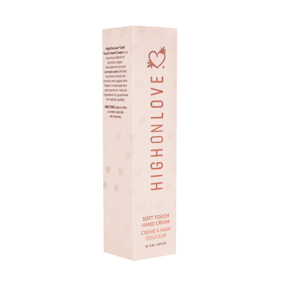 High On Love soft touch hand cream in a sleek box, featuring a smooth tube with elegant branding for nourishing hand care.