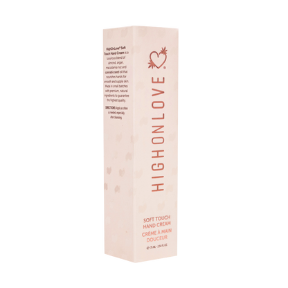 High On Love soft touch hand cream in a sleek box, featuring a smooth tube with elegant branding for nourishing hand care.