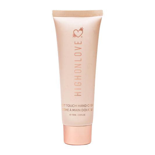 High On Love soft touch hand cream tube showing smooth, moisturizing formula in a sleek white tube with minimal branding.