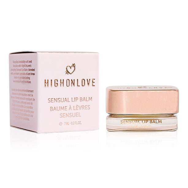 Limited edition High On Love sensual lip balm tube with sleek packaging and soft pink branding, designed for nourishing lips.