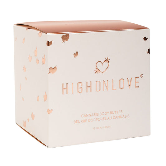 High On Love Cannabis Body Butter jar with label and creamy texture visible, designed for nourishing skin with cannabis infusion.