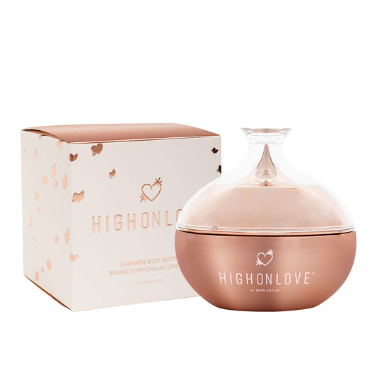 High On Love cannabis body butter jar with label and natural ingredients visible, highlighting moisturizing and soothing qualities.