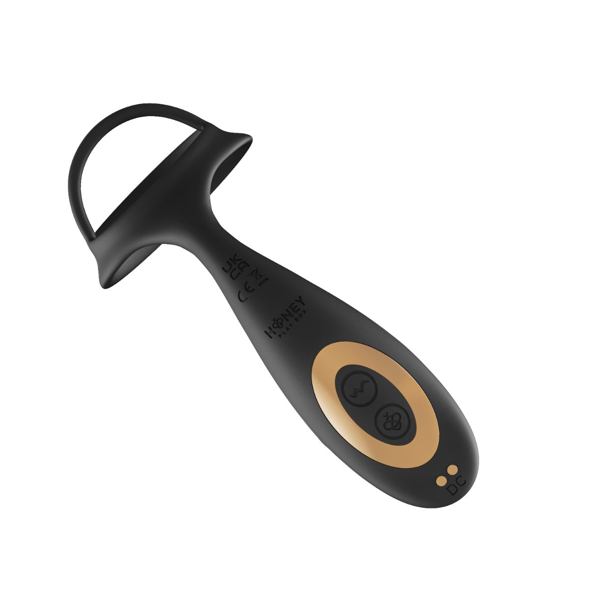 Black Honey Play Box Cyrus thrusting prostate massager with cock ring, app-controlled, shown on a sleek base.