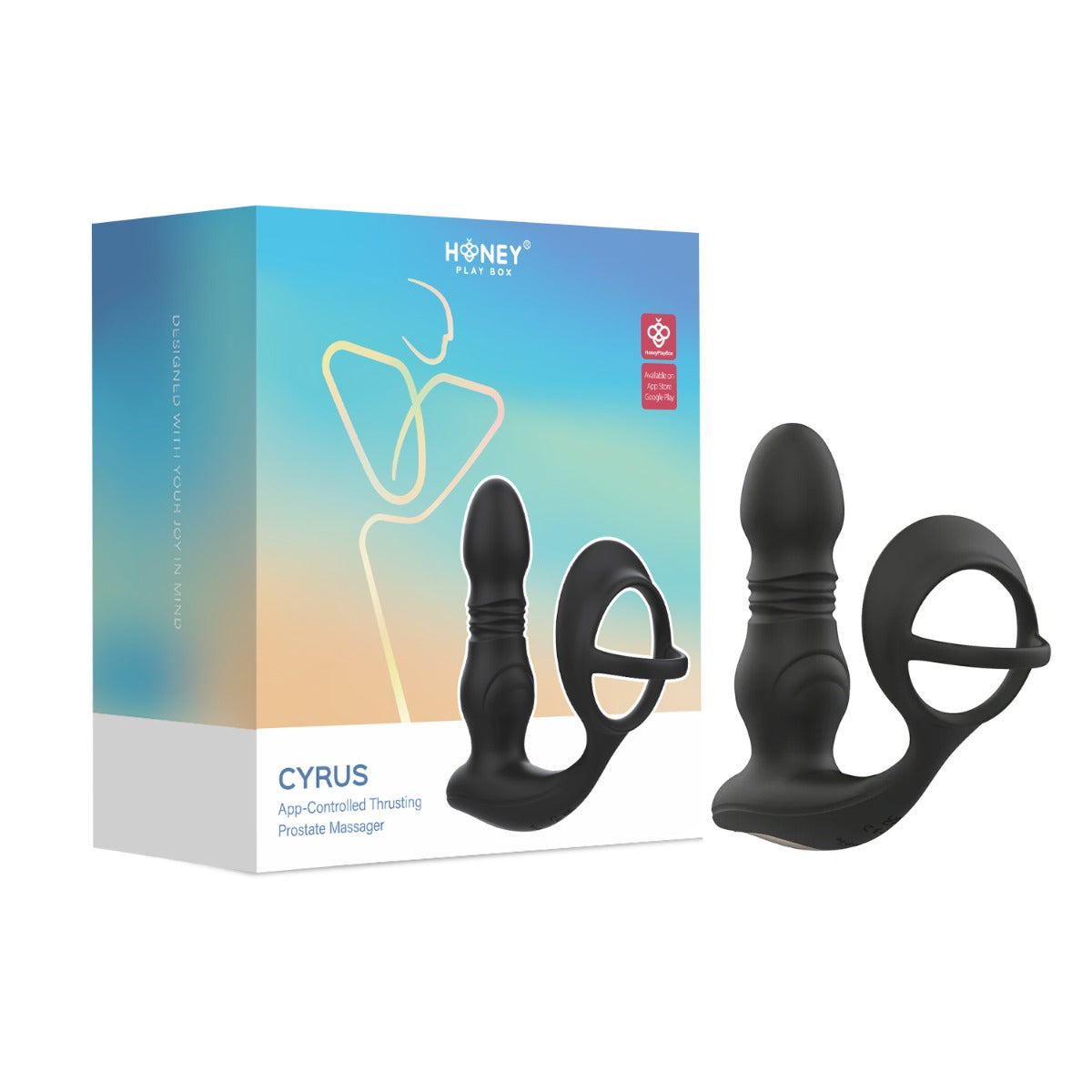 Black Honey Play Box Cyrus thrusting prostate massager with cock ring, packaged in sleek box, app-controlled for enhanced pleasure.