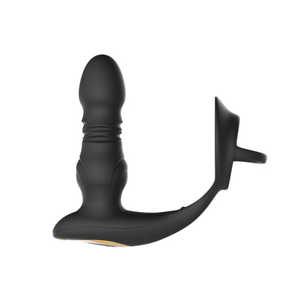Honey Play Box Cyrus black thrusting prostate massager with cock ring, side view, app-controlled adult pleasure device.