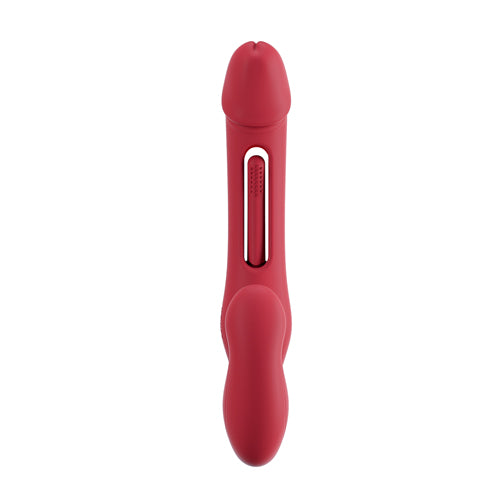 Honey Play Box Harmony Duo strapless strap-on in red, front view showing sleek design and adjustable straps for intimate wear.