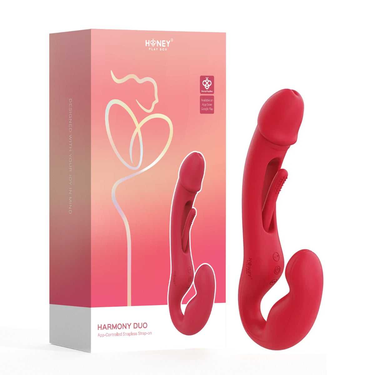 Honey Play Box Harmony Duo strapless strap-on in red packaging, designed for couples and app-controlled pleasure.