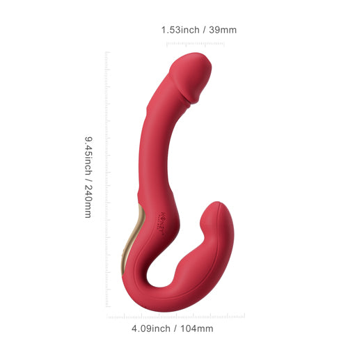 Honey Play Box Harmony Duo red strapless strap-on, app-controlled sex toy for couples, shown in size and design with adjustable features.