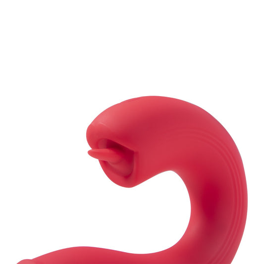 Honey Play Box Joi Thrust 2 red G-spot vibrator with tongue clit licker, app-controlled, pressure sensing, and realistic design.