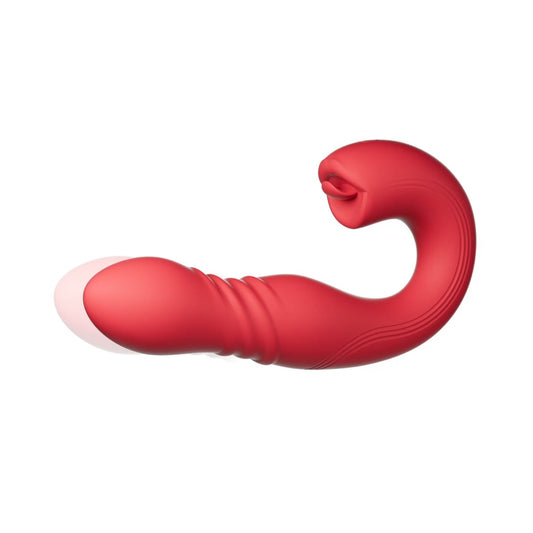 Honey Play Box Joi Thrust 2 G-spot vibrator and tongue clit licker with app control and pressure sensing, in vibrant red color.