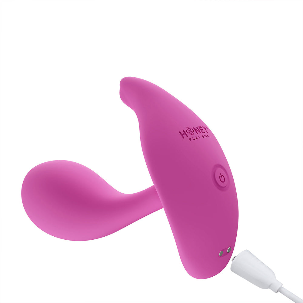 Honey Play Box Oly 2 wearable vibrator in pale pink with magnetic connection, app-enabled, pressure sensing for clit and G-spot stimulation.