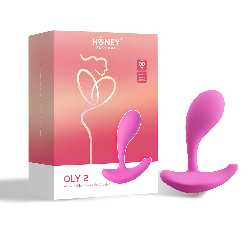Honey Play Box Oly 2 wearable clitoral and G-spot vibrator in pale pink packaging with app-enabled and pressure sensing features.