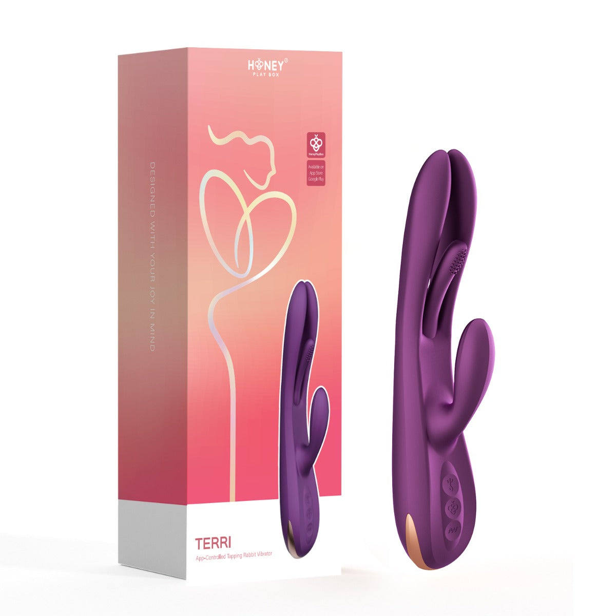 Honey Play Box Terri purple packaging featuring a Kinky Finger Tapping Rabbit Vibrator, app-controlled adult pleasure toy.