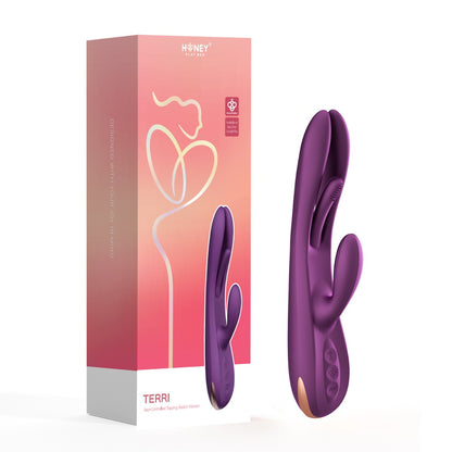 Honey Play Box Terri purple packaging featuring a Kinky Finger Tapping Rabbit Vibrator, app-controlled adult pleasure toy.